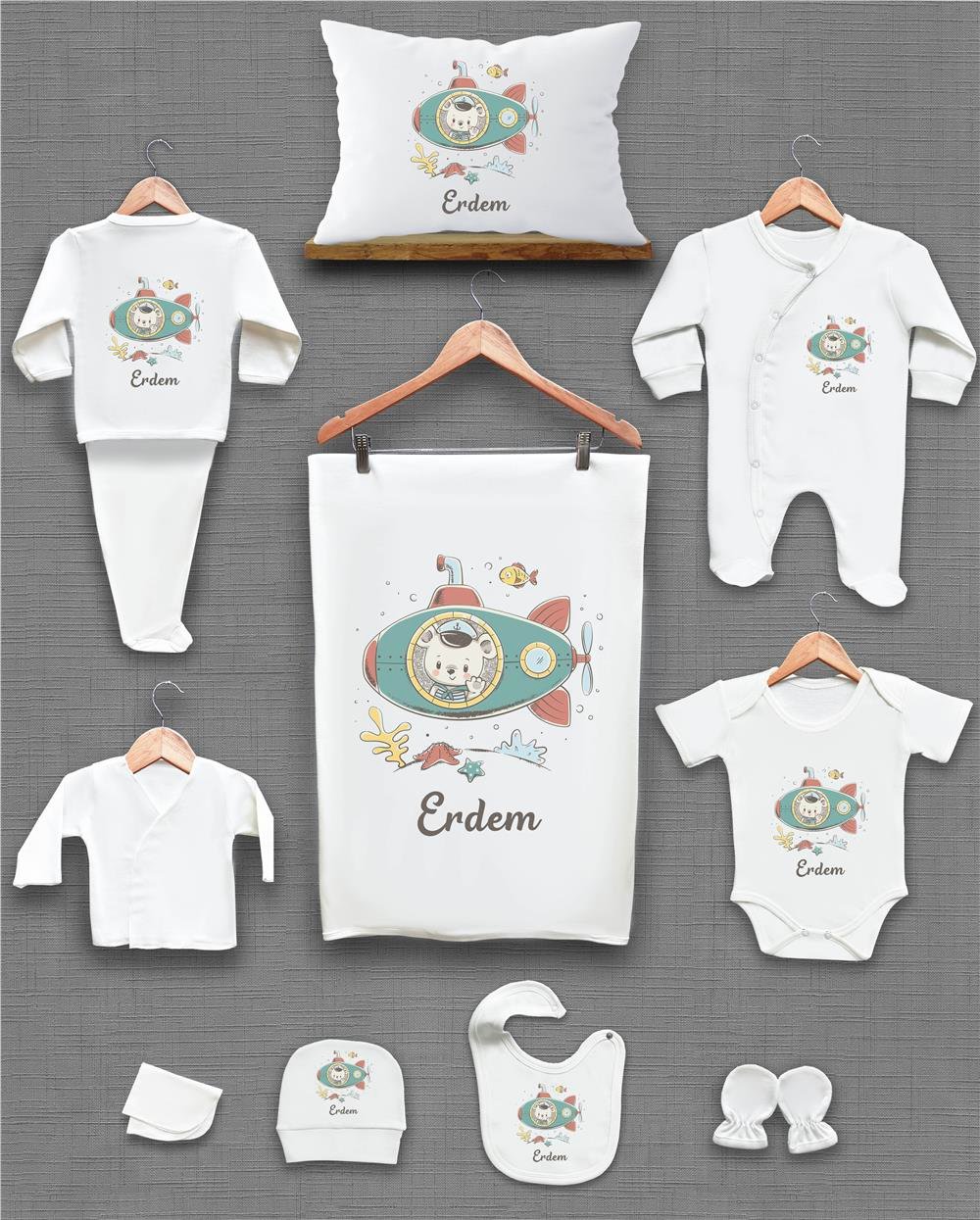 Ayı ve Motorsiklet Desenli 11'li İsimli Organik Hastane Çıkış Seti