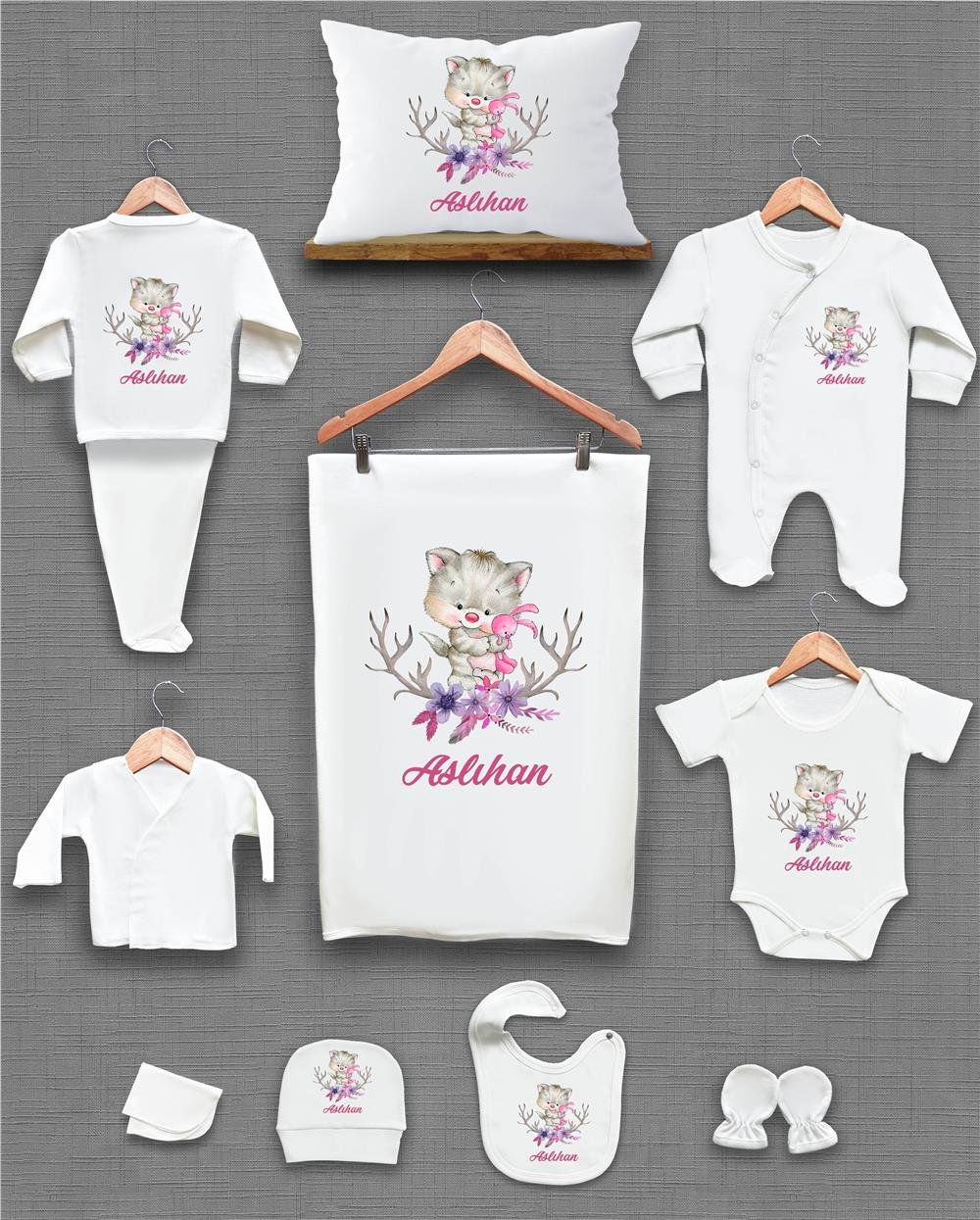 Ayı ve Tavşan Desenli 11'li İsimli Organik Hastane Çıkış Seti