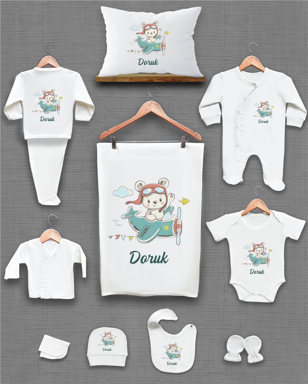 Ayı ve Uçak Desenli 11'li İsimli Organik Hastane Çıkış Seti
