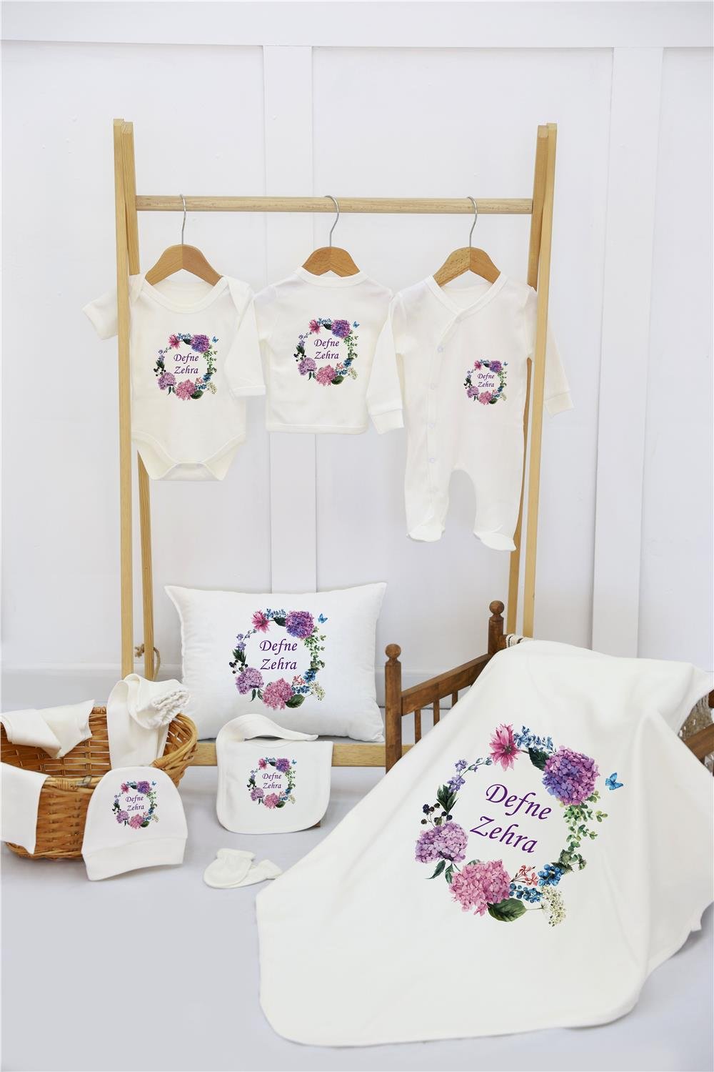 Balerin ve Tavşan Desenli 11'li İsimli Organik Hastane Çıkış Seti