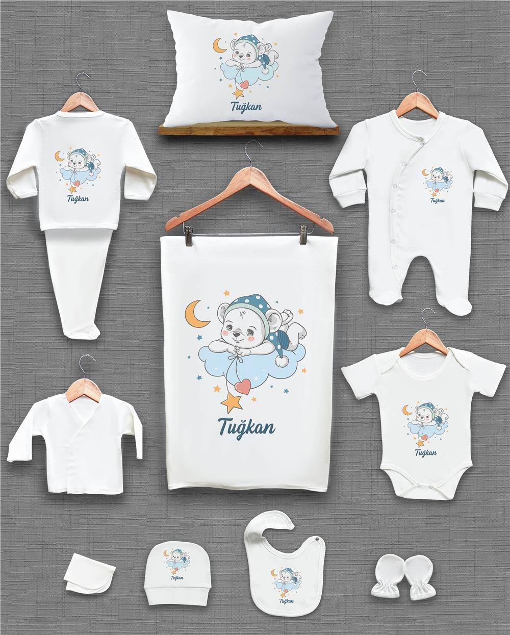 Balık ve Ayı Desenli 11'li İsimli Organik Hastane Çıkış Seti