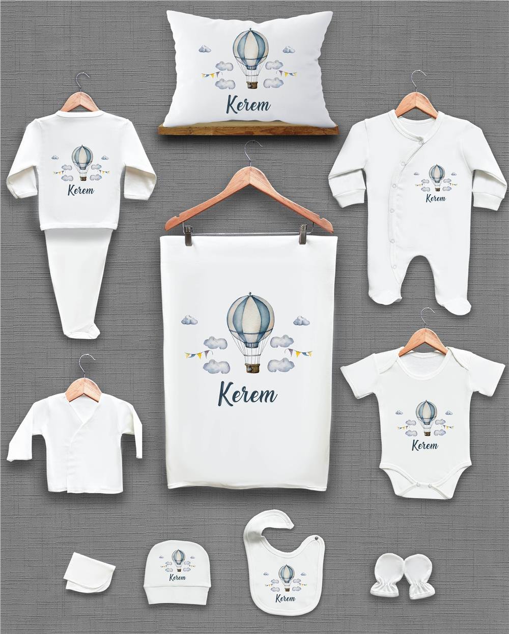 Balon ve Bulut Desenli 11'li İsimli Organik Hastane Çıkış Seti