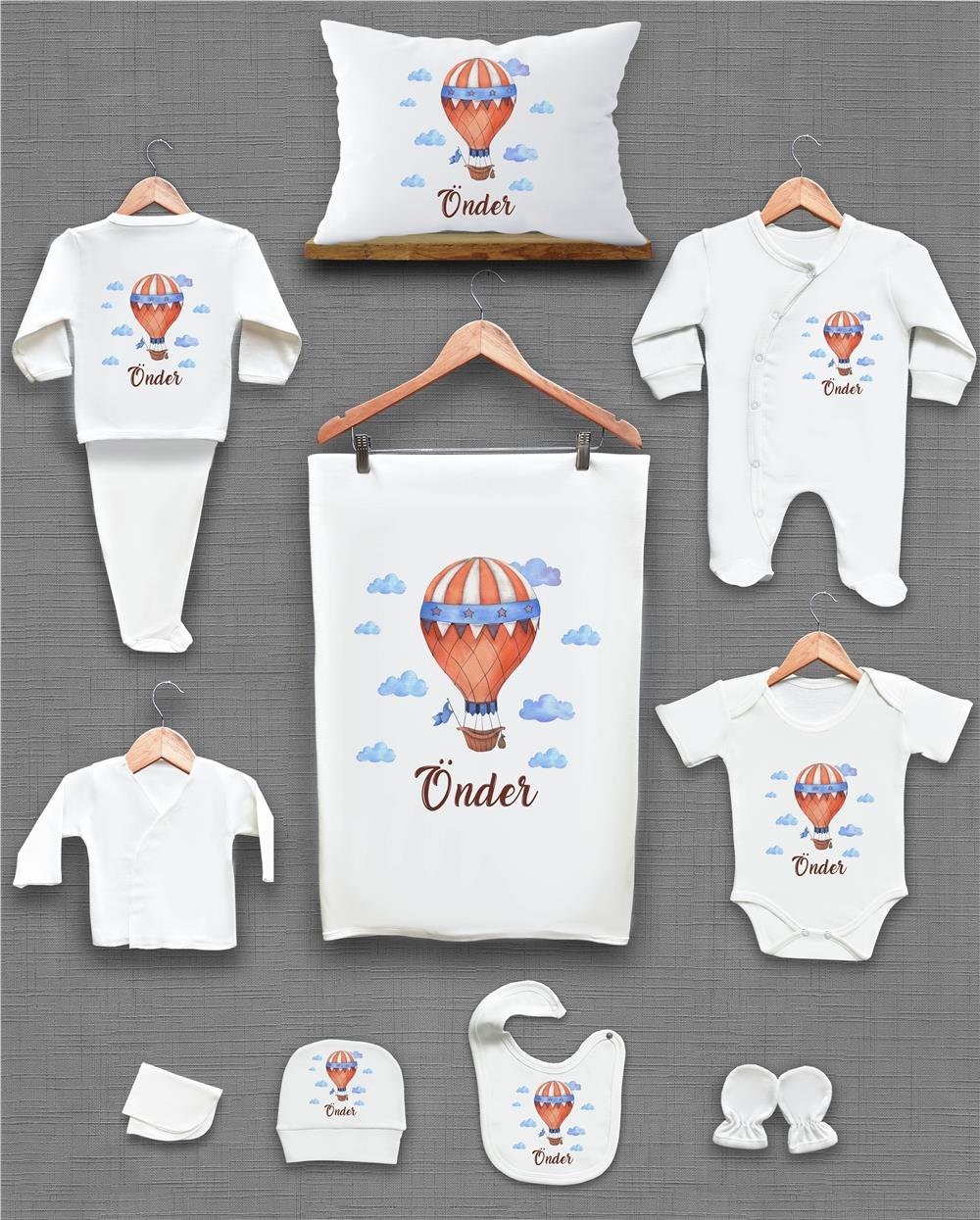 Balon ve Bulut Desenli 11'li İsimli Organik Hastane Çıkış Seti