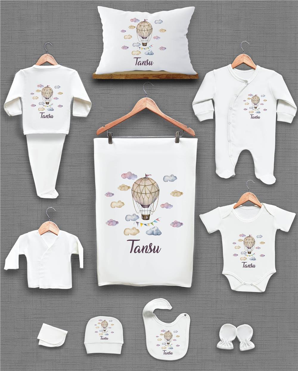 Balon ve Bulut Desenli 11'li İsimli Organik Hastane Çıkış Seti