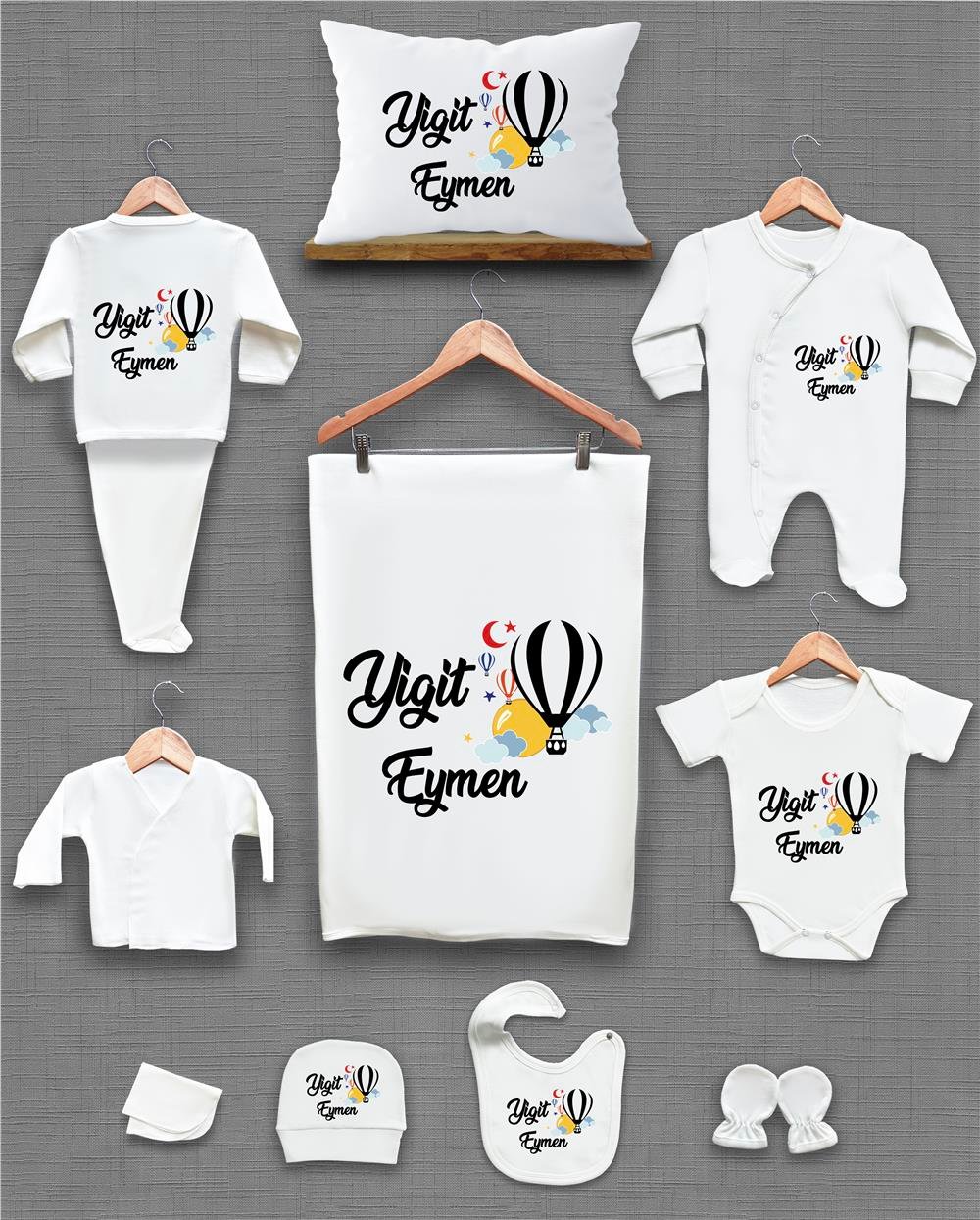 Balon ve Bulut Desenli 11'li İsimli Organik Hastane Çıkış Seti