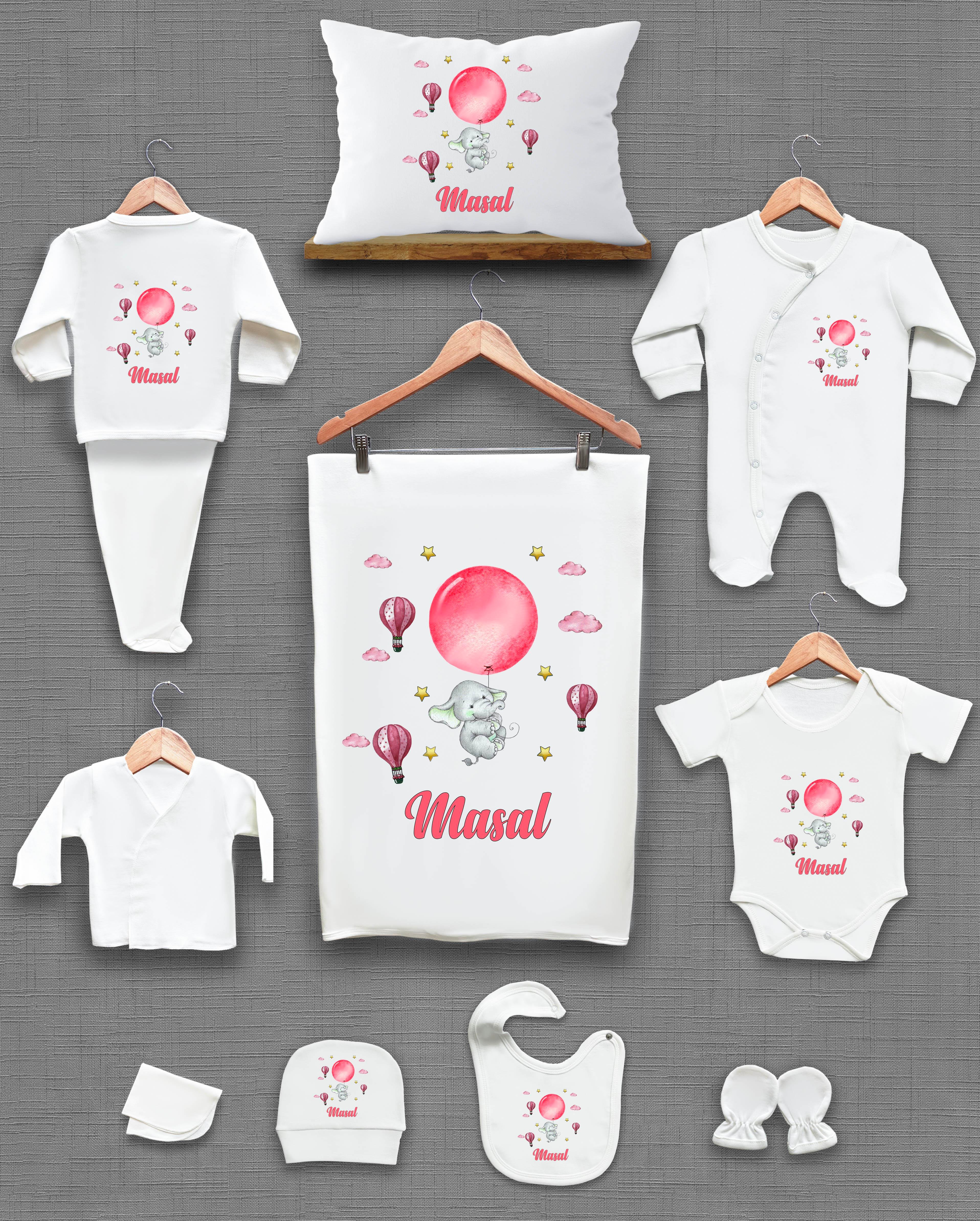 Balon ve Fil Desenli 11'li İsimli Organik Hastane Çıkış Seti