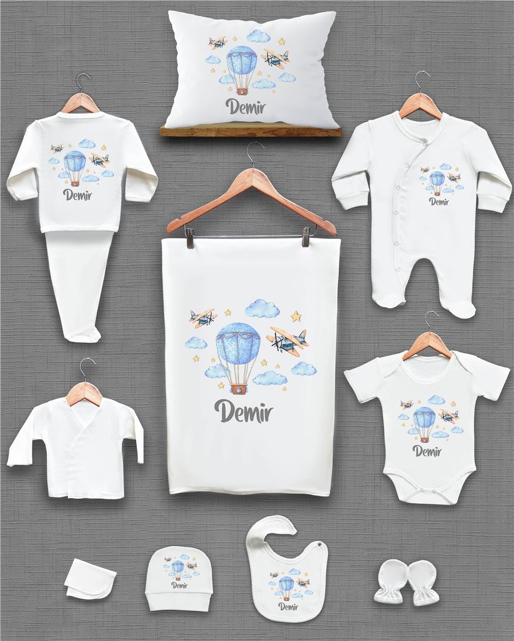 Balon ve Uçak Desenli 11'li İsimli Organik Hastane Çıkış Seti