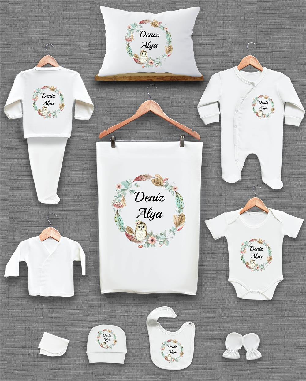 Baykuş ve Kuş Tüğü Desenli 11'li İsimli Organik Hastane Çıkış Seti