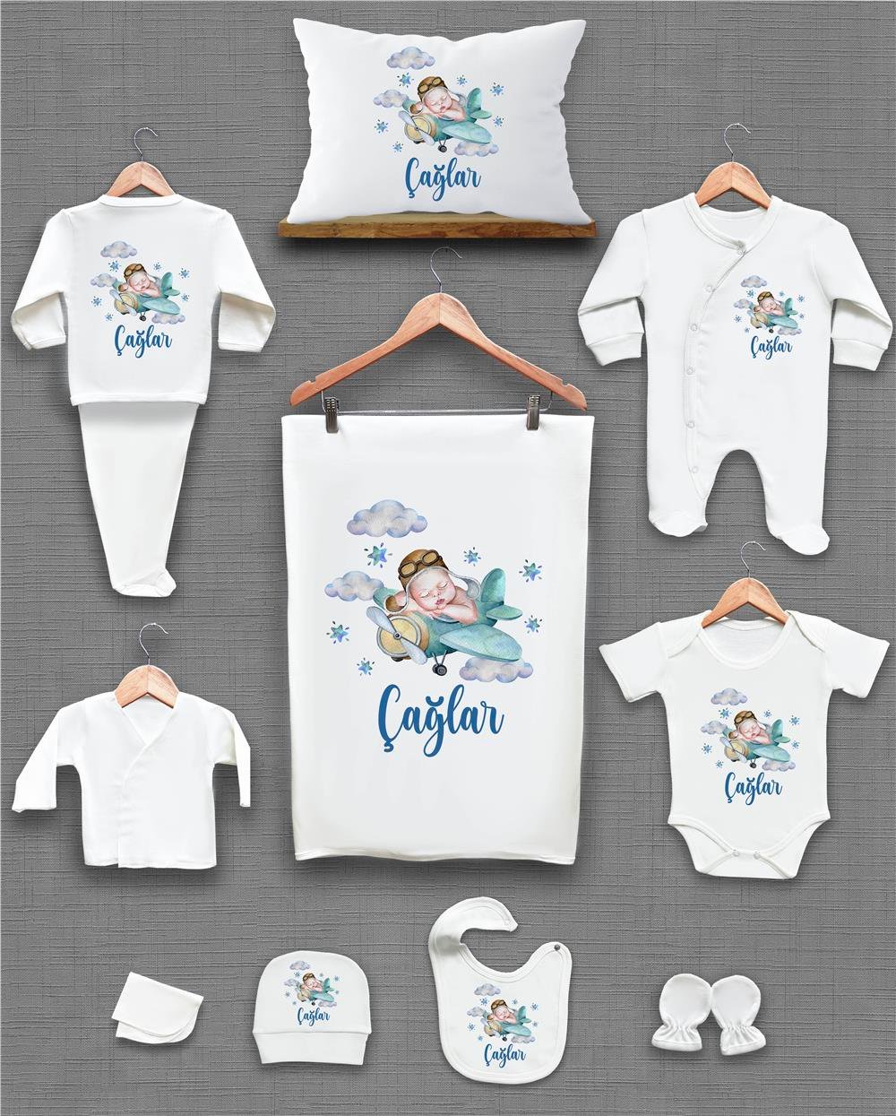 Bebek ve Uçak Desenli 11'li İsimli Organik Hastane Çıkış Seti