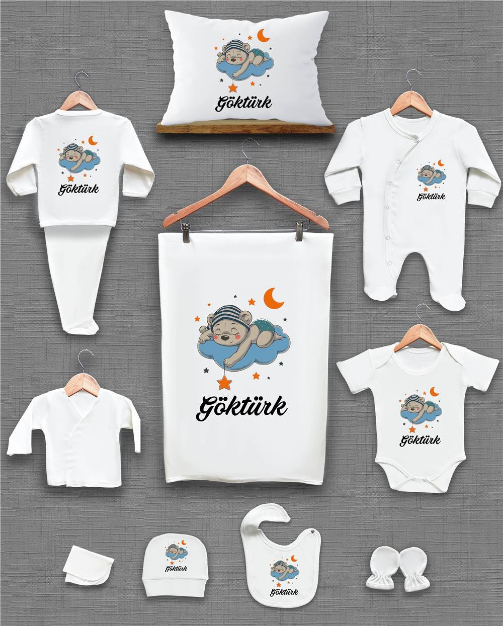 Bulut ve Ay Desenli 11'li İsimli Organik Hastane Çıkış Seti