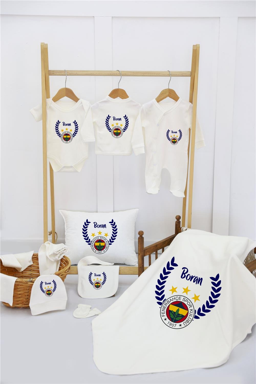 Bulut ve Sevimli Tilki Desenli 11'li İsimli Organik Hastane Çıkış Seti