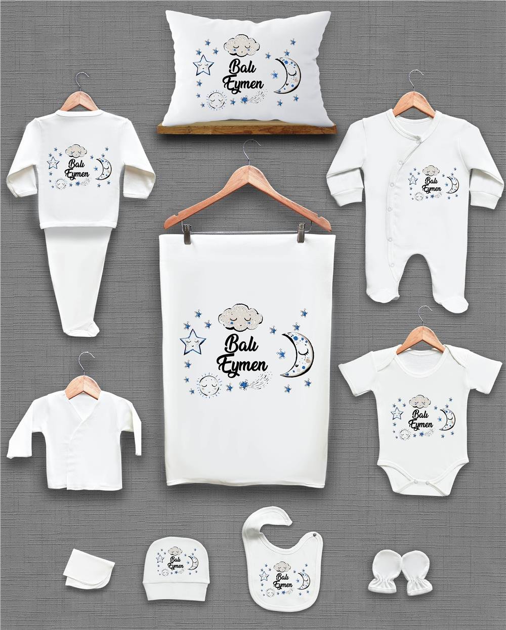 Bulut Yıldız ve Ay Desenli 11'li İsimli Organik Hastane Çıkış Seti