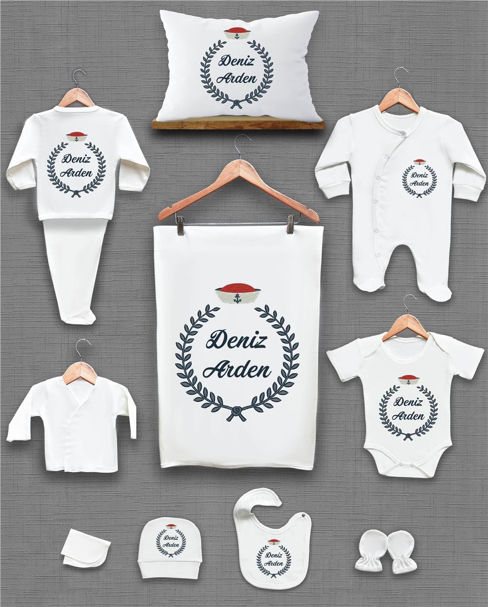 Çelenk ve Kaptan Temalı 11'li İsimli Organik Hastane Çıkış Seti