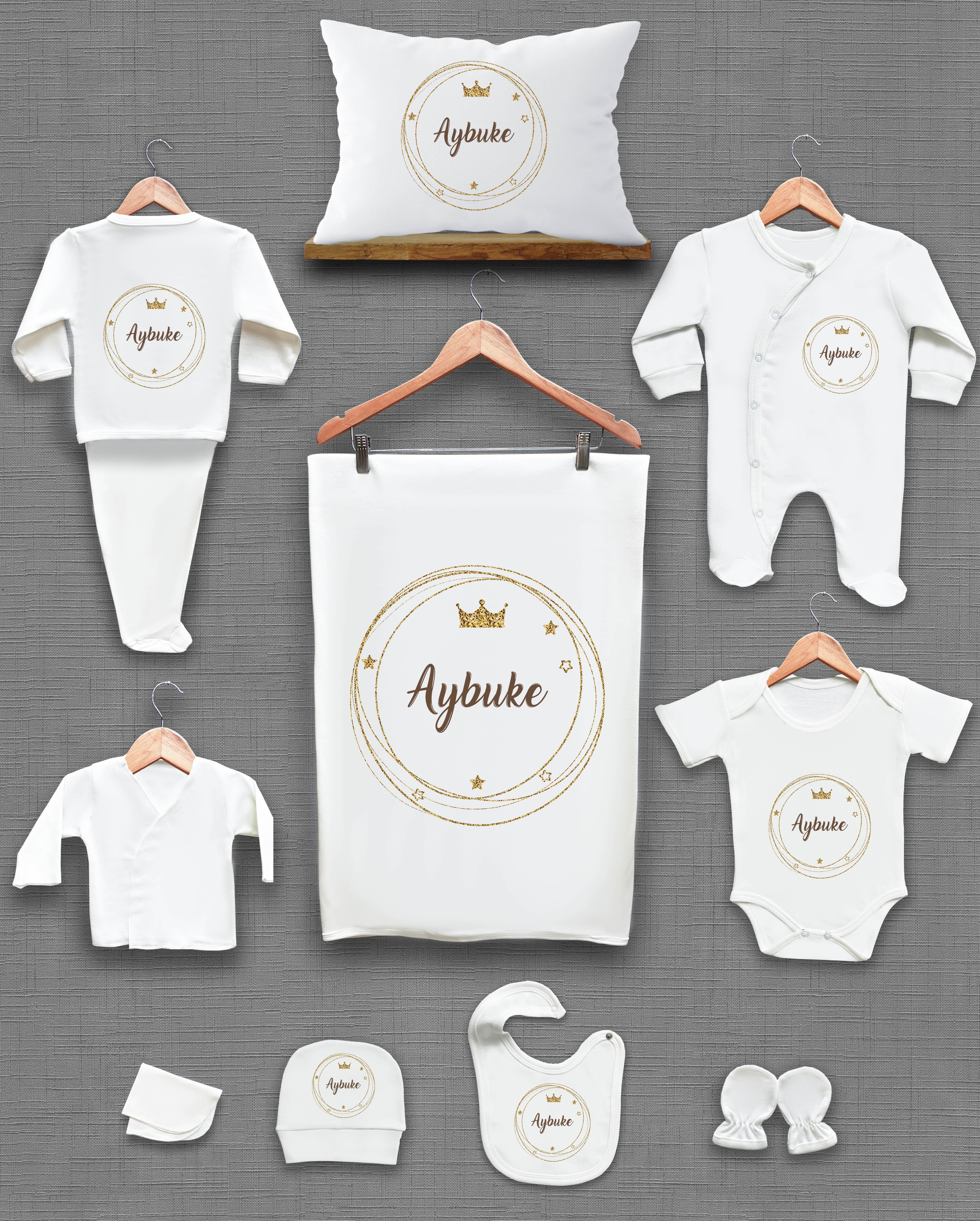 Çelenk ve Taç Desenli 11'li İsimli Organik Hastane Çıkış Seti