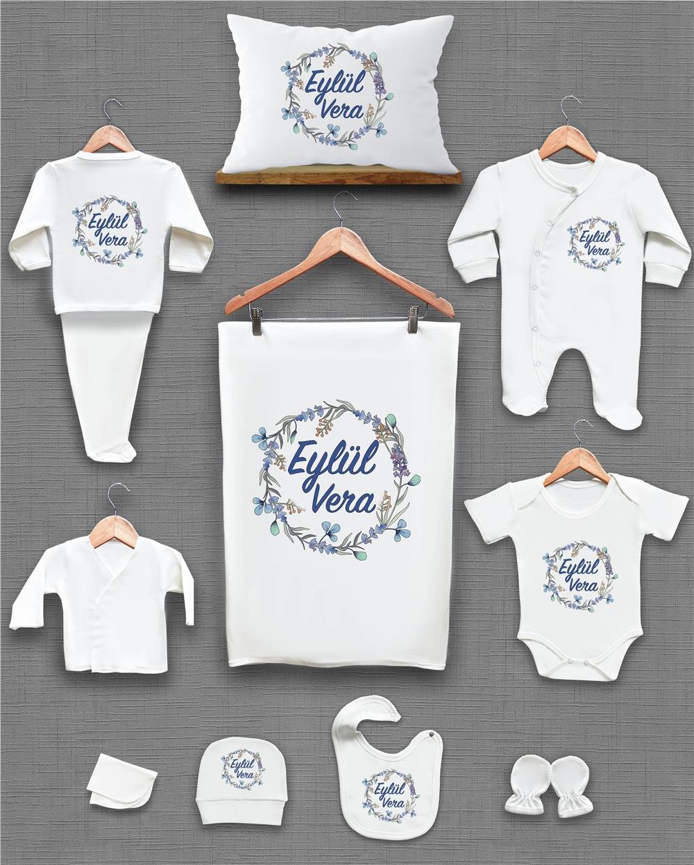 Çiçek Desenli 11'li İsimli Organik Hastane Çıkış Seti