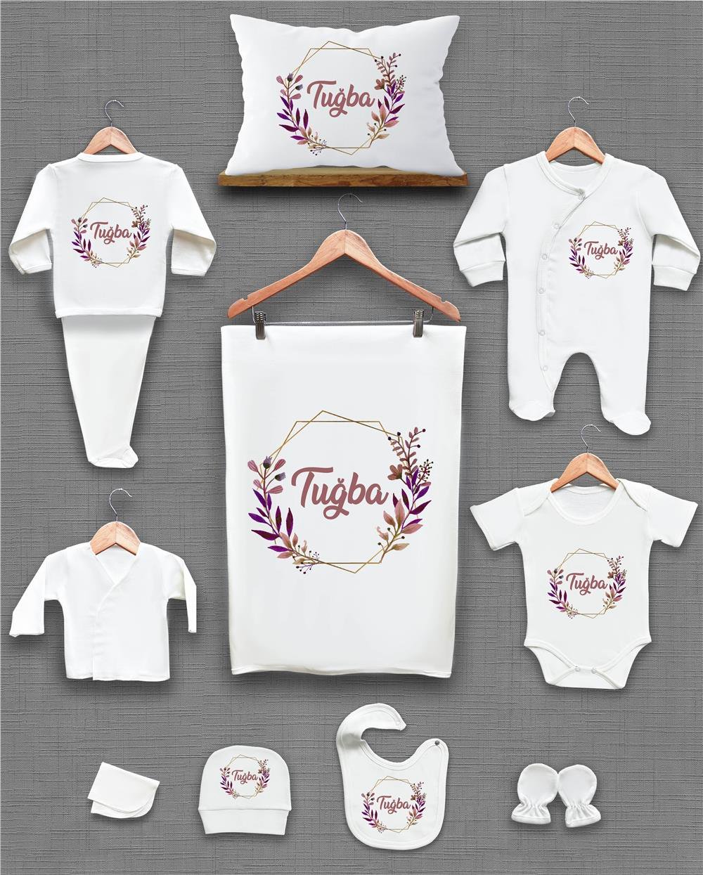 Çiçek Desenli 11'li İsimli Organik Hastane Çıkış Seti