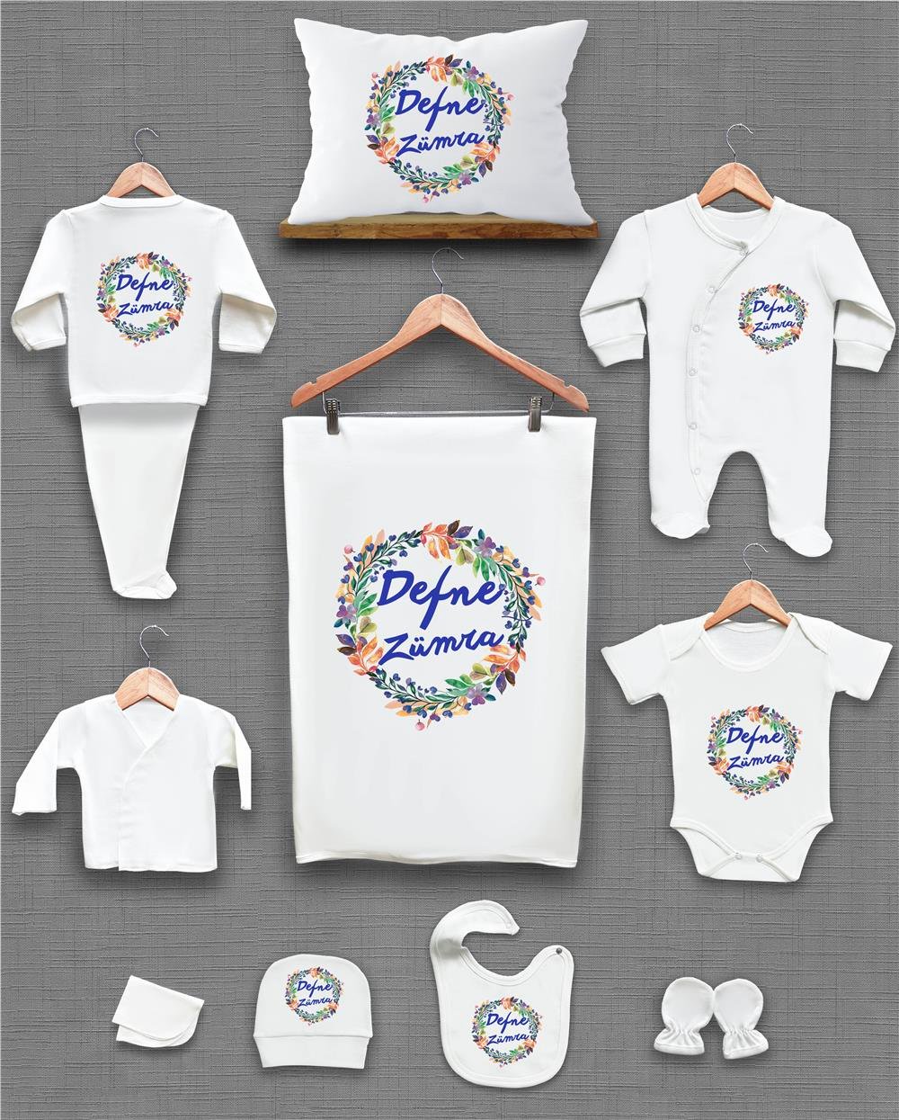 Çiçek Desenli 11'li İsimli Organik Hastane Çıkış Seti