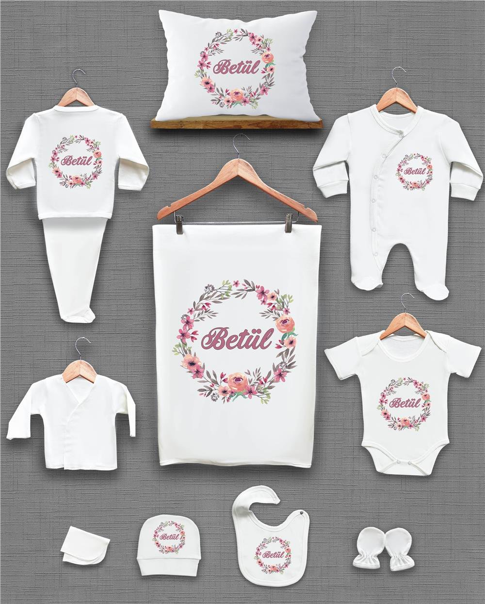 Çiçek Desenli 11'li İsimli Organik Hastane Çıkış Seti