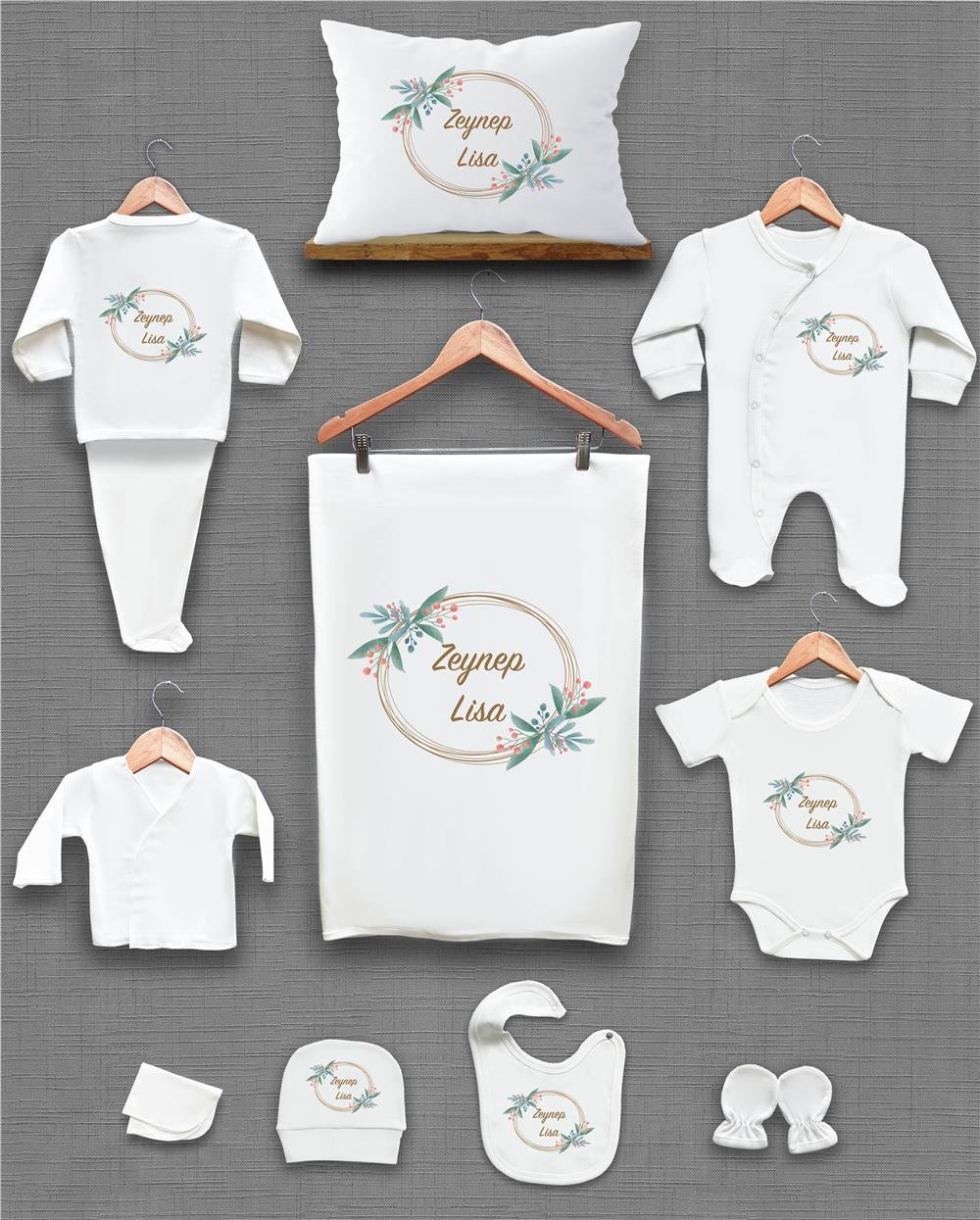 Çiçek Desenli 11'li İsimli Organik Hastane Çıkış Seti