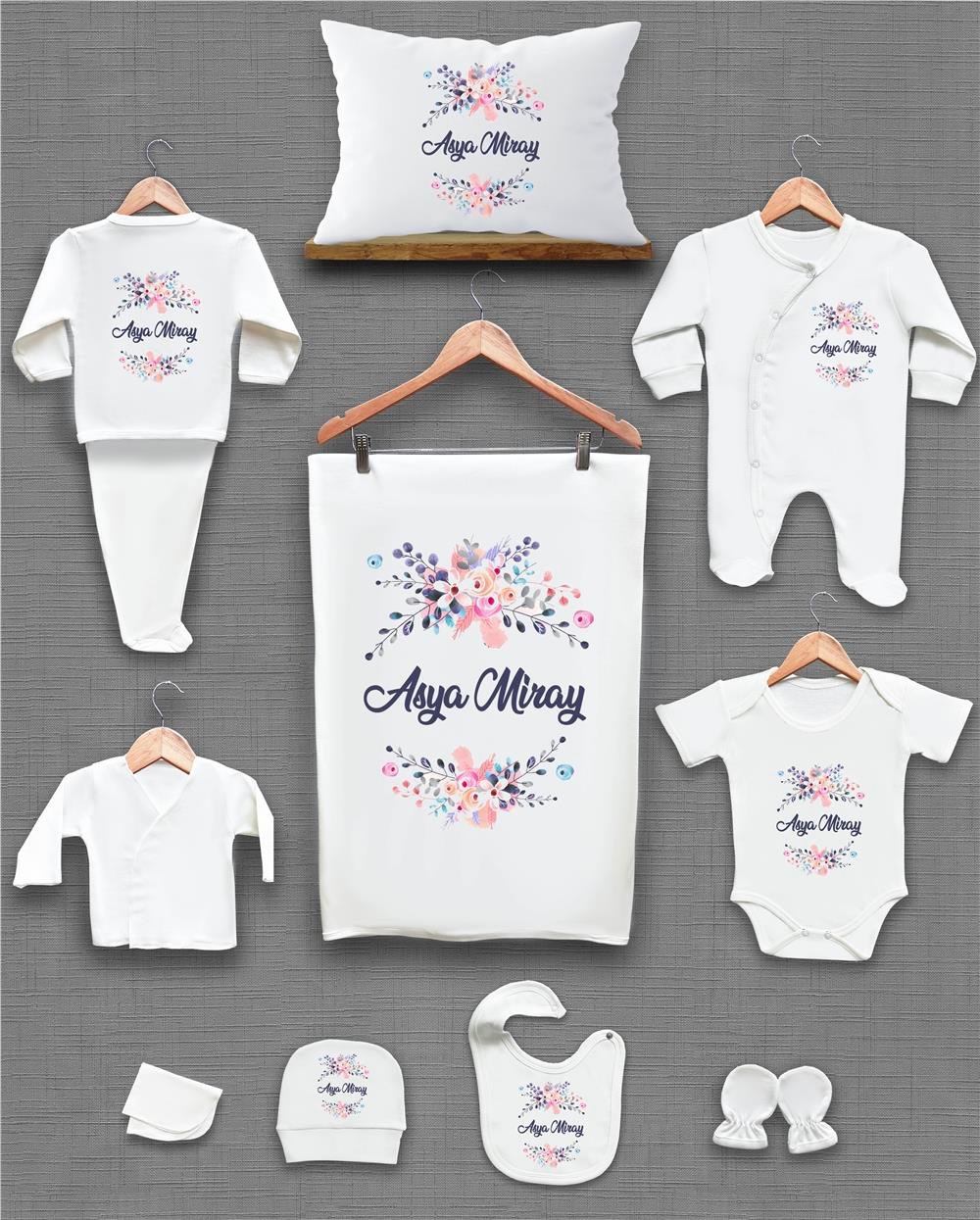 Çiçek Desenli 11'li İsimli Organik Hastane Çıkış Seti