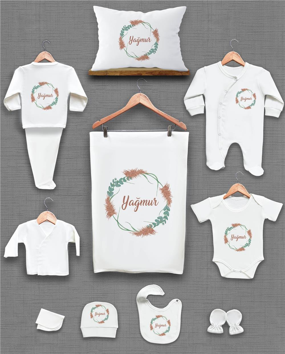 Çiçek Desenli 11'li İsimli Organik Hastane Çıkış Seti