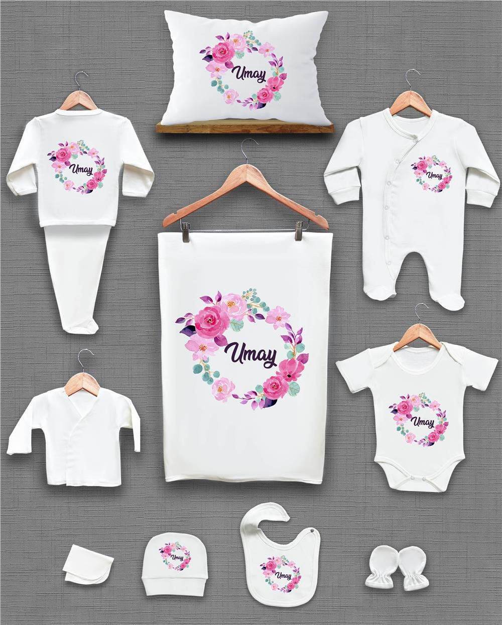 Çiçek Desenli 11'li İsimli Organik Hastane Çıkış Seti