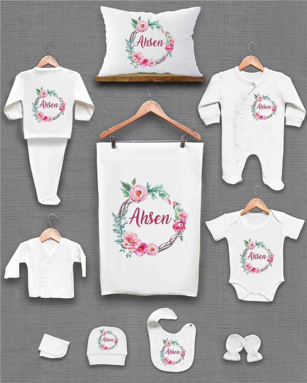 Çiçek Desenli 11'li İsimli Organik Hastane Çıkış Seti