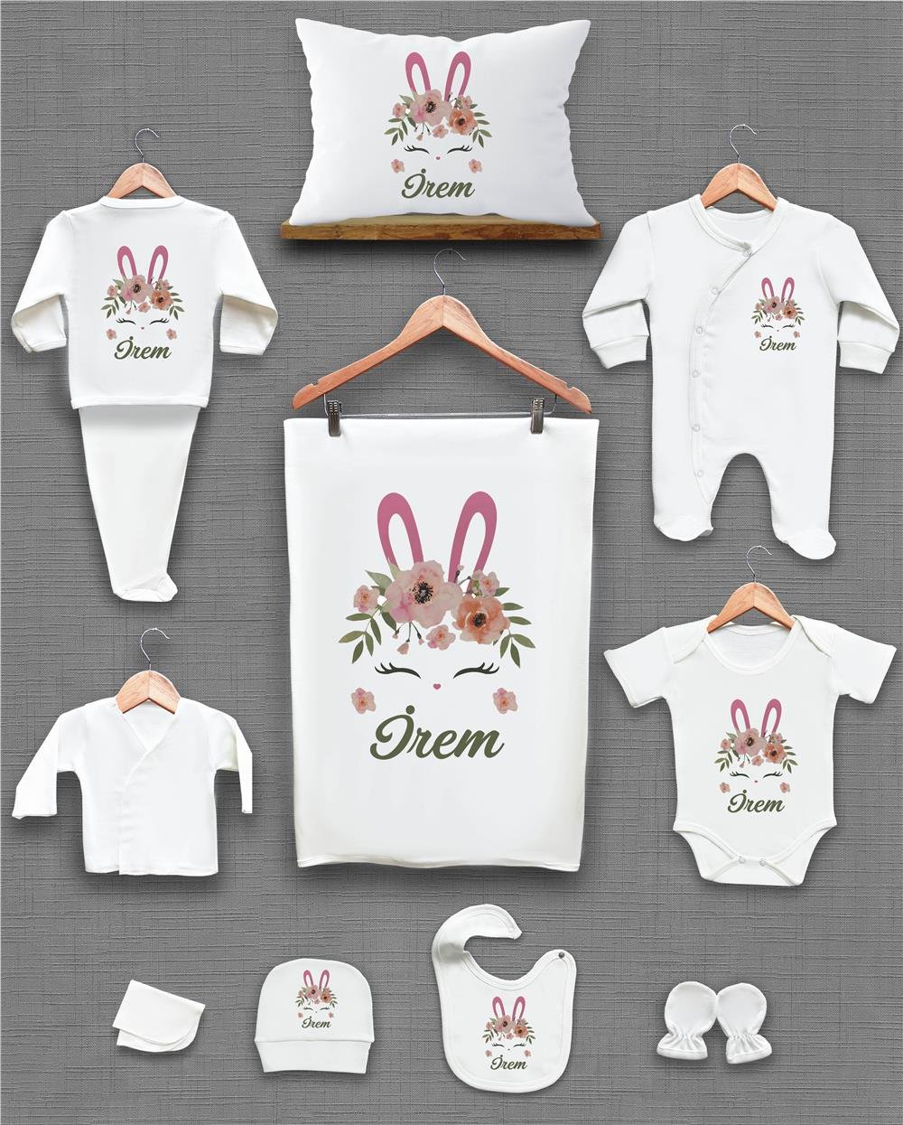 Çiçek ve Tavşan Kulak Desenli 11'li İsimli Organik Hastane Çıkış Seti