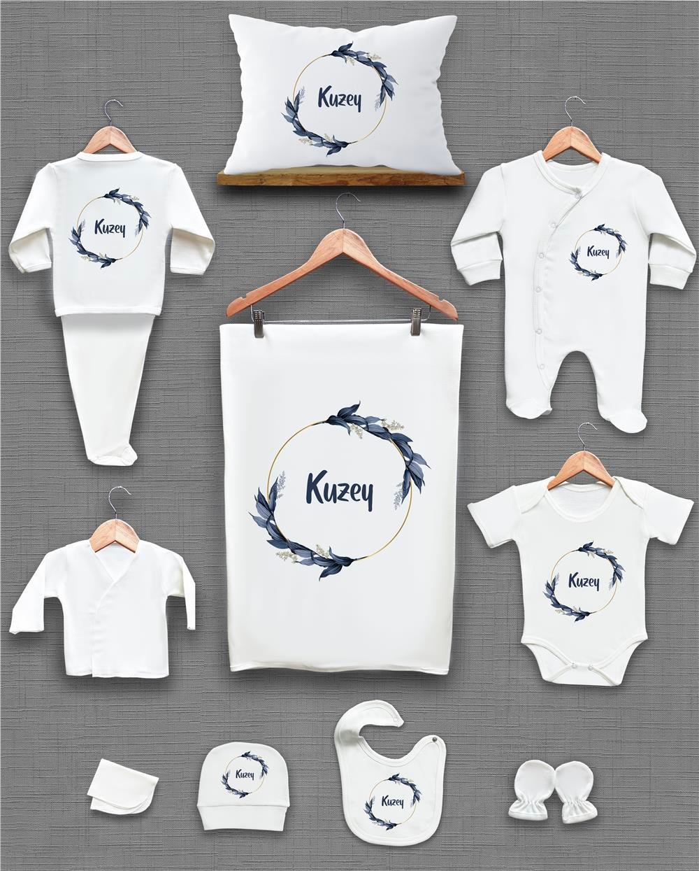 Çiçekler ve Çelenk Desenli 11'li İsimli Organik Hastane Çıkış Seti