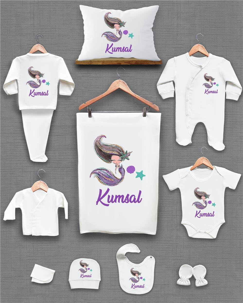 Deniz Kızı Desenli 11'li İsimli Organik Hastane Çıkış Seti