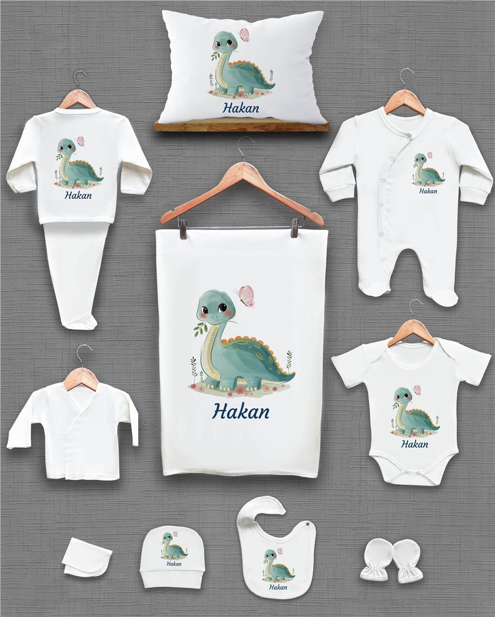 Dinazor Desenli 11'li İsimli Organik Hastane Çıkış Seti