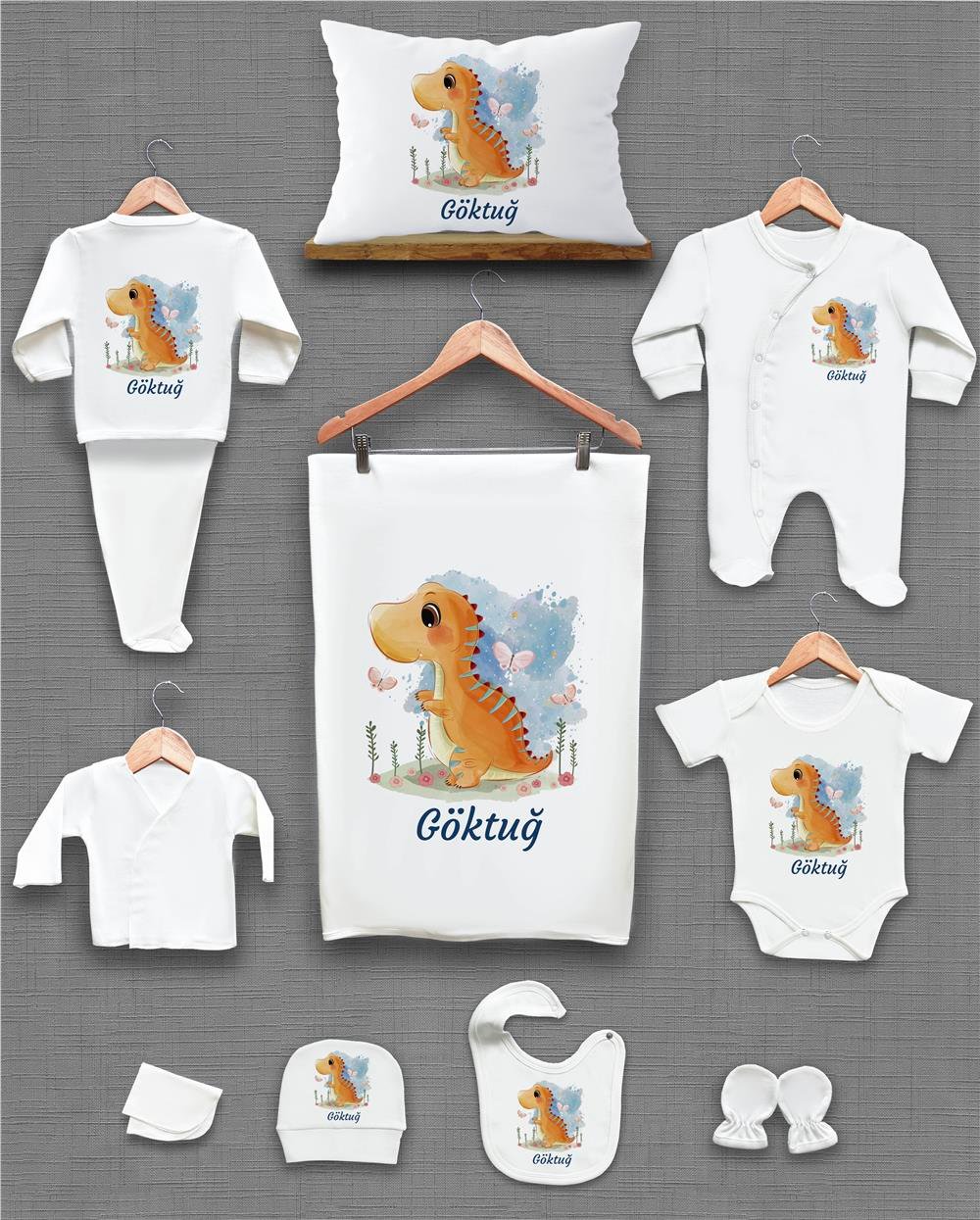 Dinazor Desenli 11'li İsimli Organik Hastane Çıkış Seti