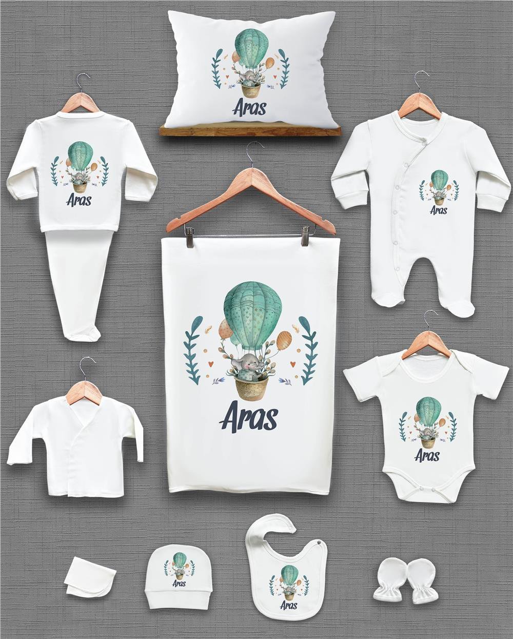 Fil ve Balon Desenli 11'li İsimli Organik Hastane Çıkış Seti