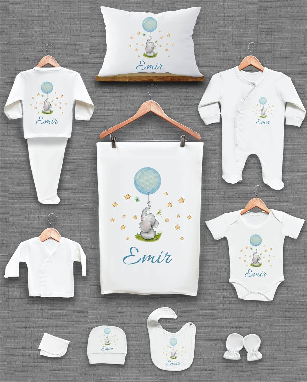 Fil ve Balon Desenli 11'li İsimli Organik Hastane Çıkış Seti