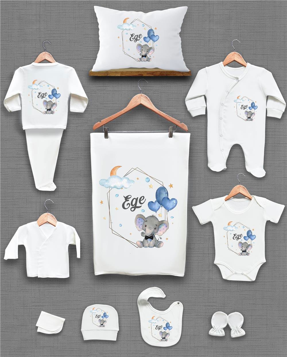 Fil ve Bulut Desenli 11'li İsimli Organik Hastane Çıkış Seti