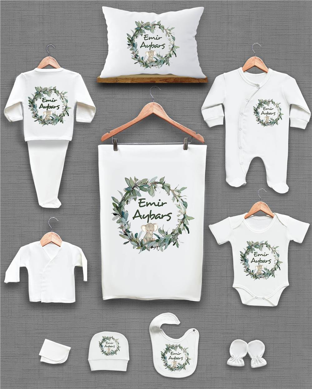 Fil ve Çelenk Desenli 11'li İsimli Organik Hastane Çıkış Seti