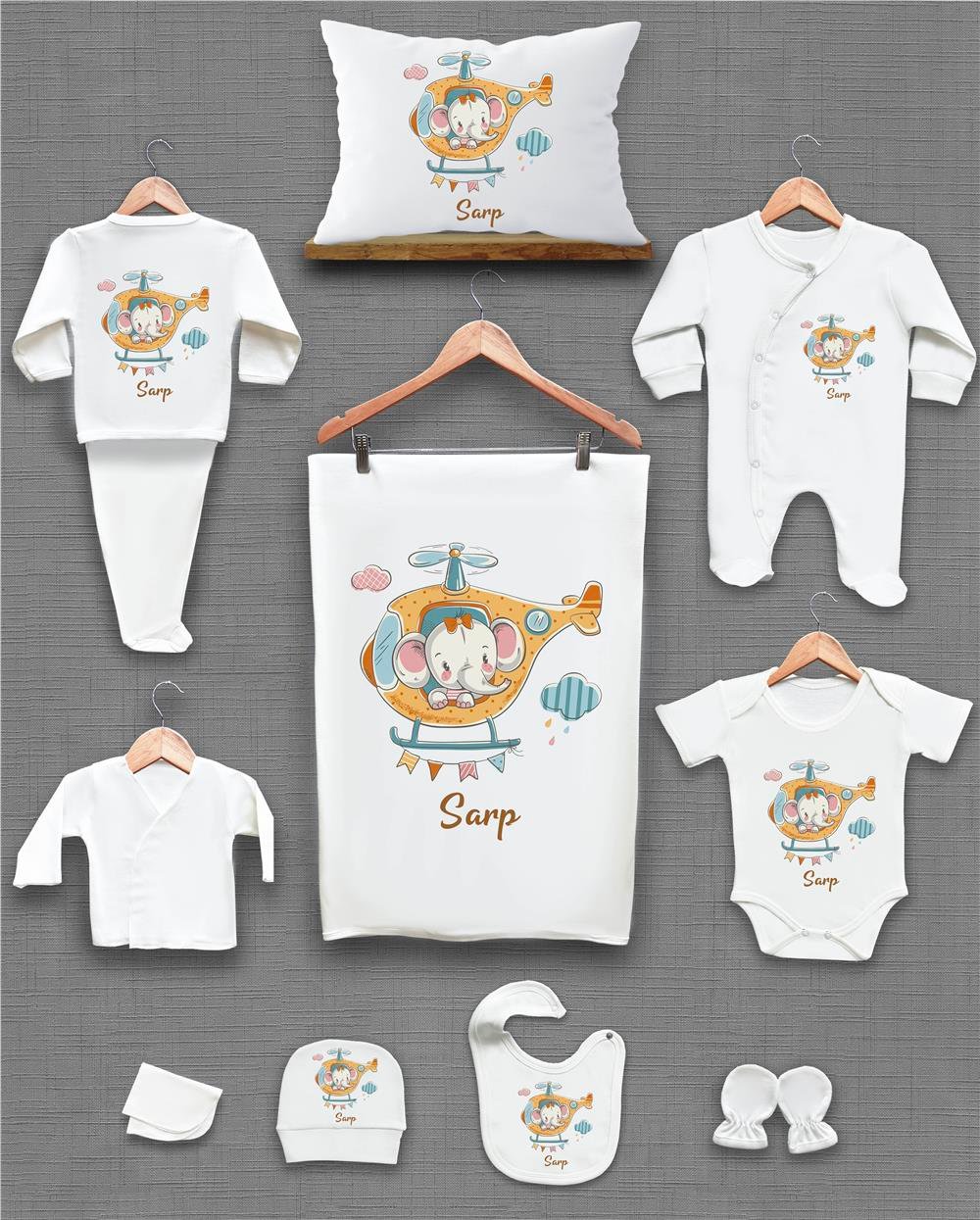 Fil ve Helikopter Desenli 11'li İsimli Organik Hastane Çıkış Seti