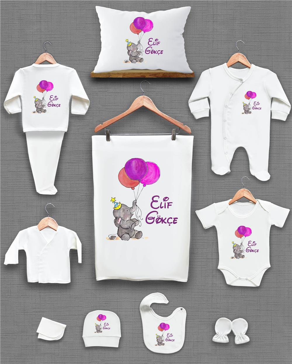 Fil ve Mor Renk Balon Desenli 11'li İsimli Organik Hastane Çıkış Seti