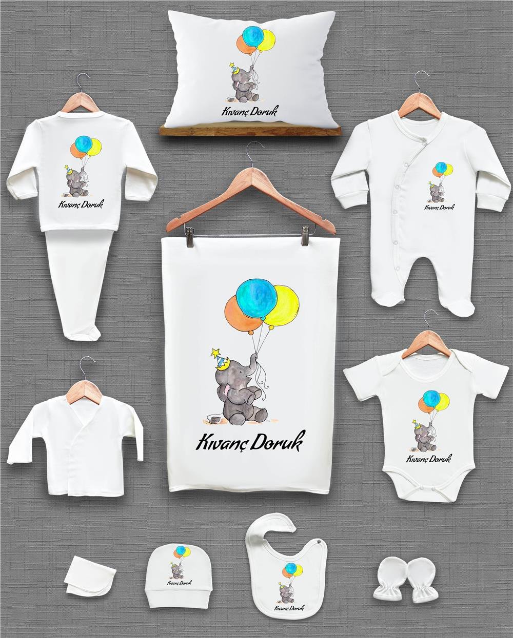 Fil ve Renkli Balon Desenli 11'li İsimli Organik Hastane Çıkış Seti
