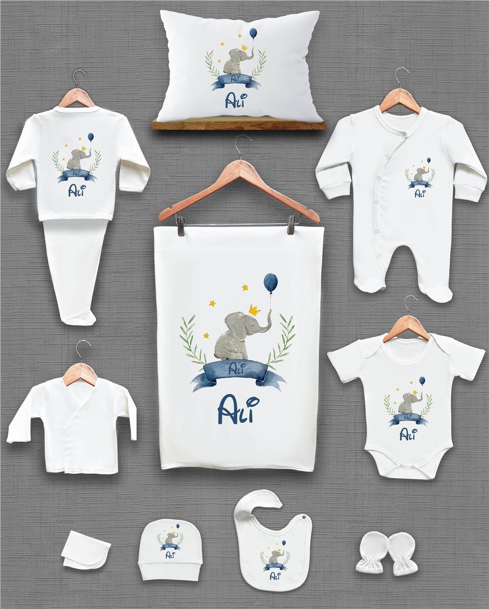 Fil ve Yaprak Çelenk Desenli 11'li İsimli Organik Hastane Çıkış Seti