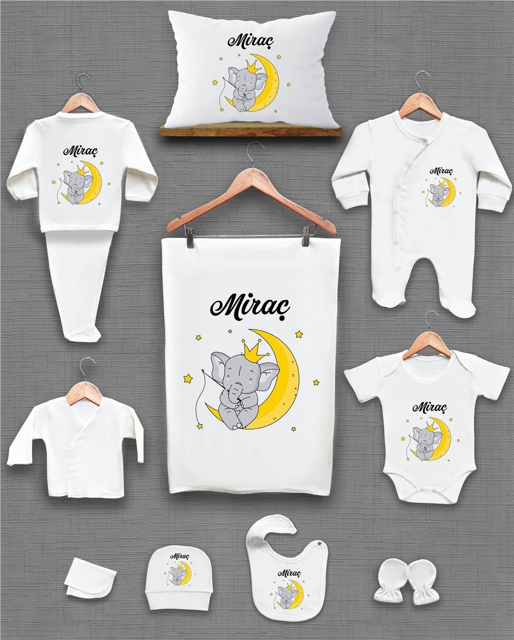 Filve Ay Desenli 11'li İsimli Organik Hastane Çıkış Seti