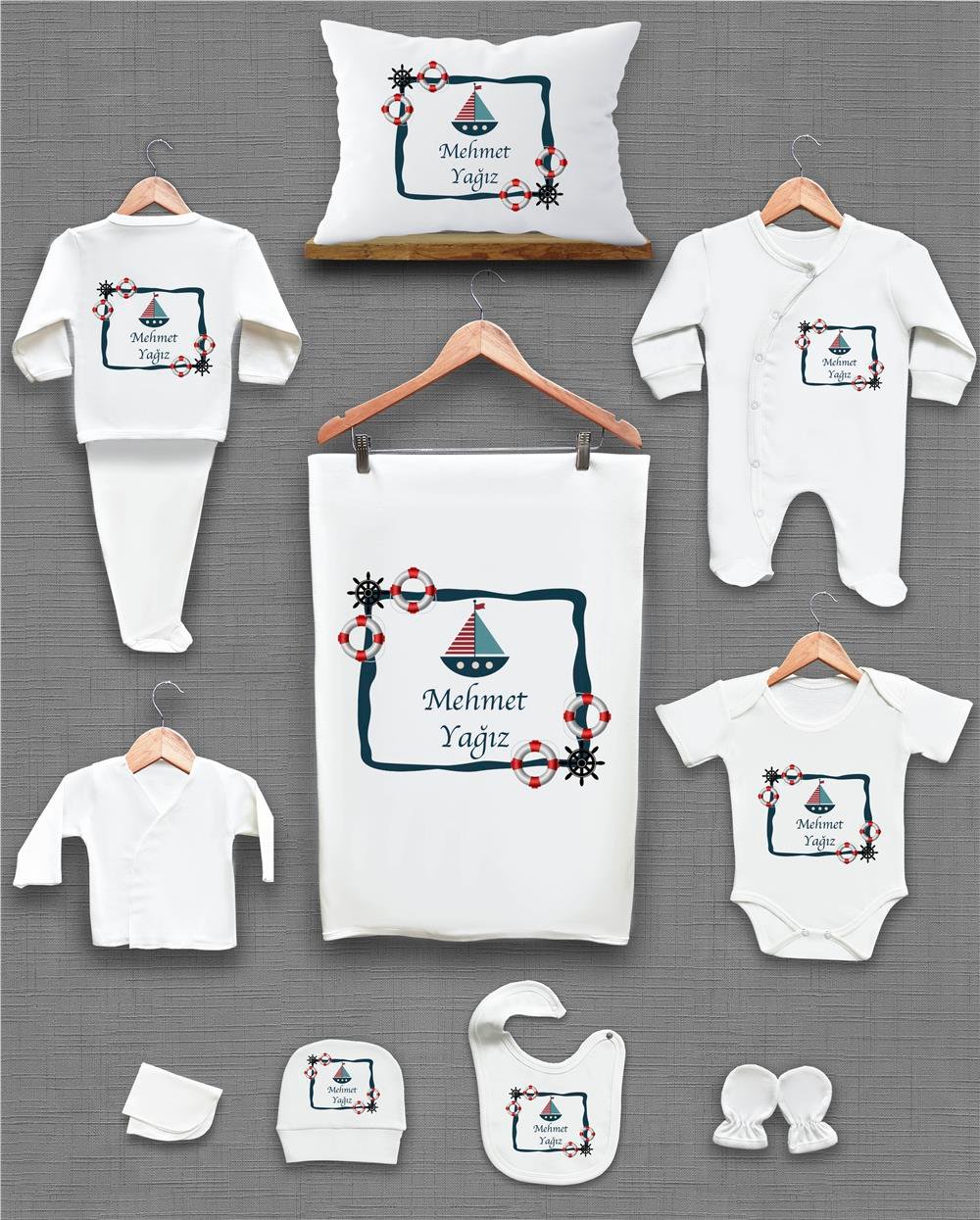 Gemi ve Dümen Desenli 11'li İsimli Organik Hastane Çıkış Seti