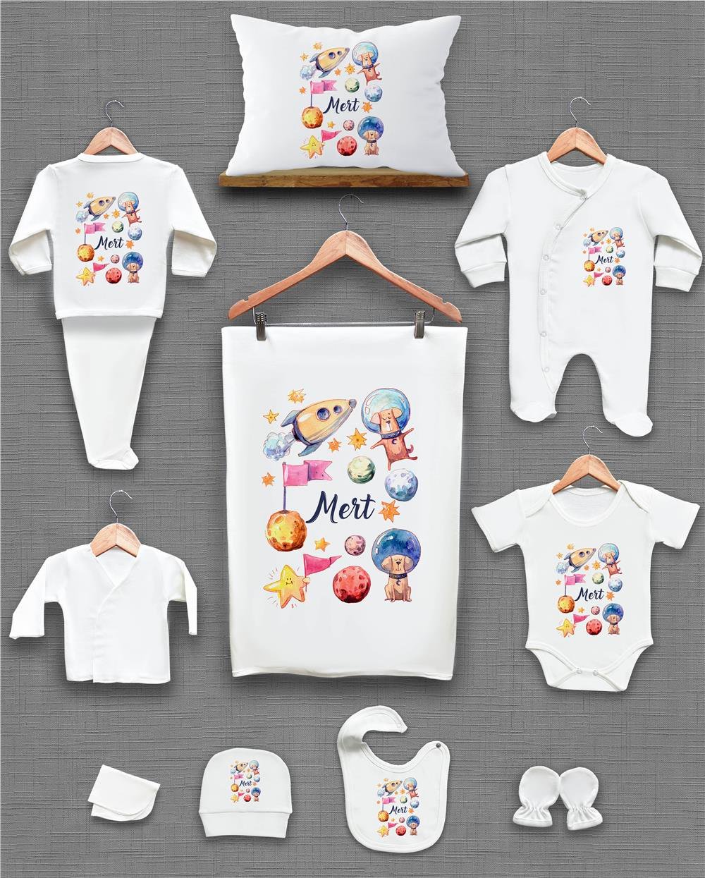 Gezegen Desenli 11'li İsimli Organik Hastane Çıkış Seti