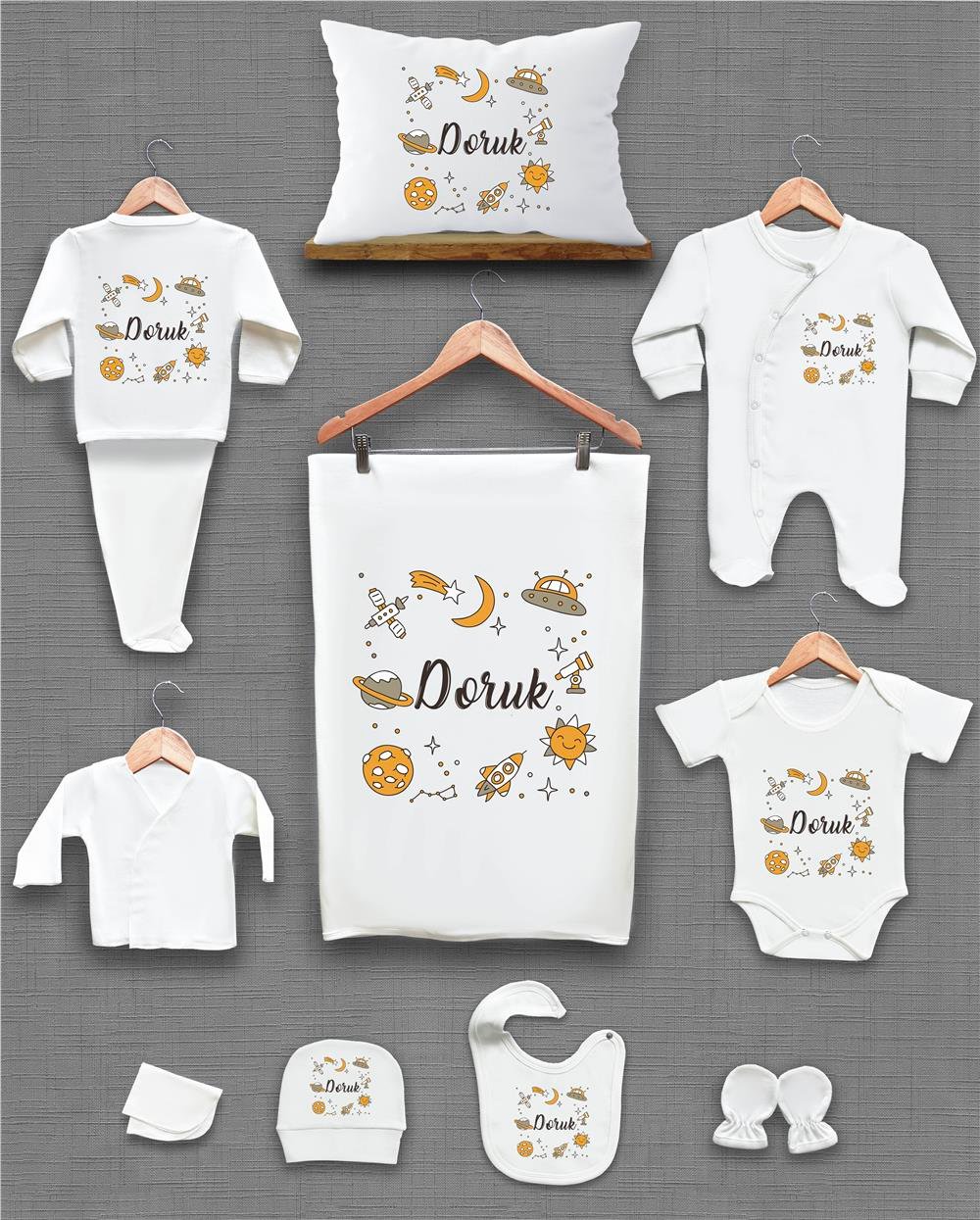 Gezegen Desenli 11'li İsimli Organik Hastane Çıkış Seti