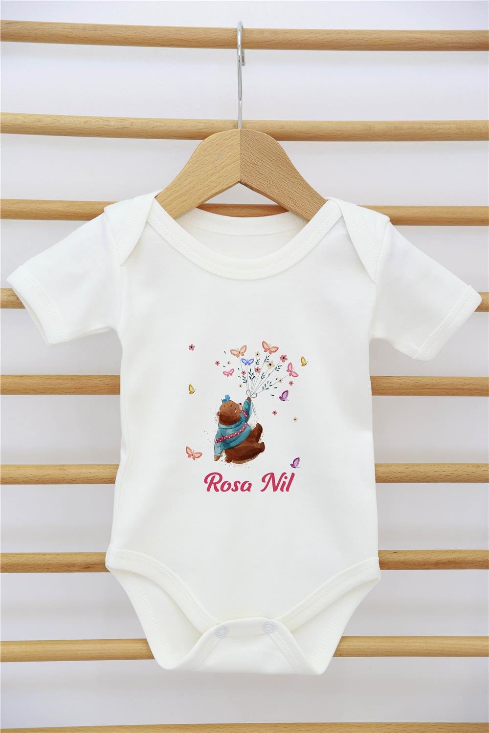 Gökkuşağı Çiçek ve Kelebek Desenli 11'li İsimli Organik Hastane Çıkış Seti