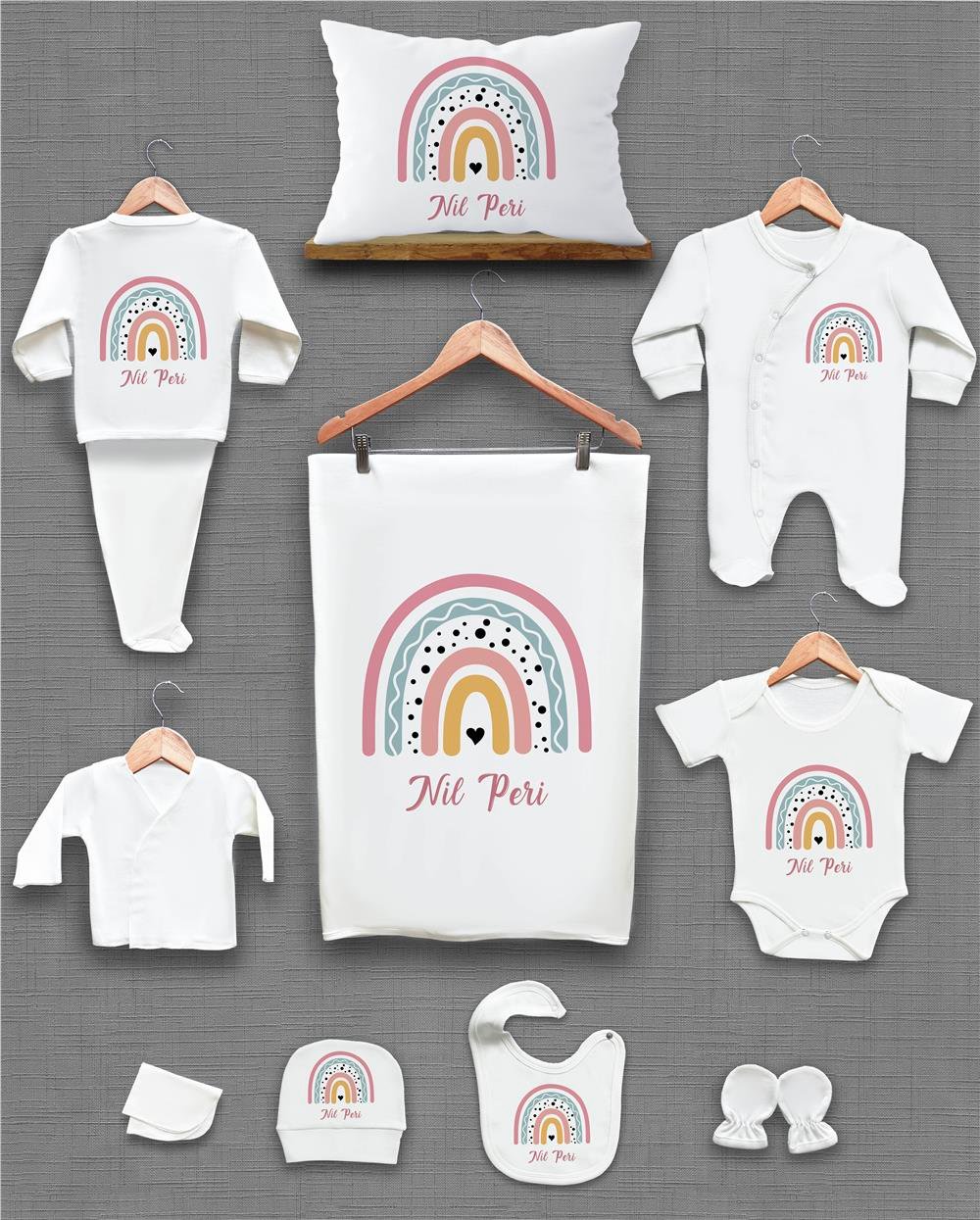 Gökkuşağı Desenli 11'li İsimli Organik Hastane Çıkış Seti