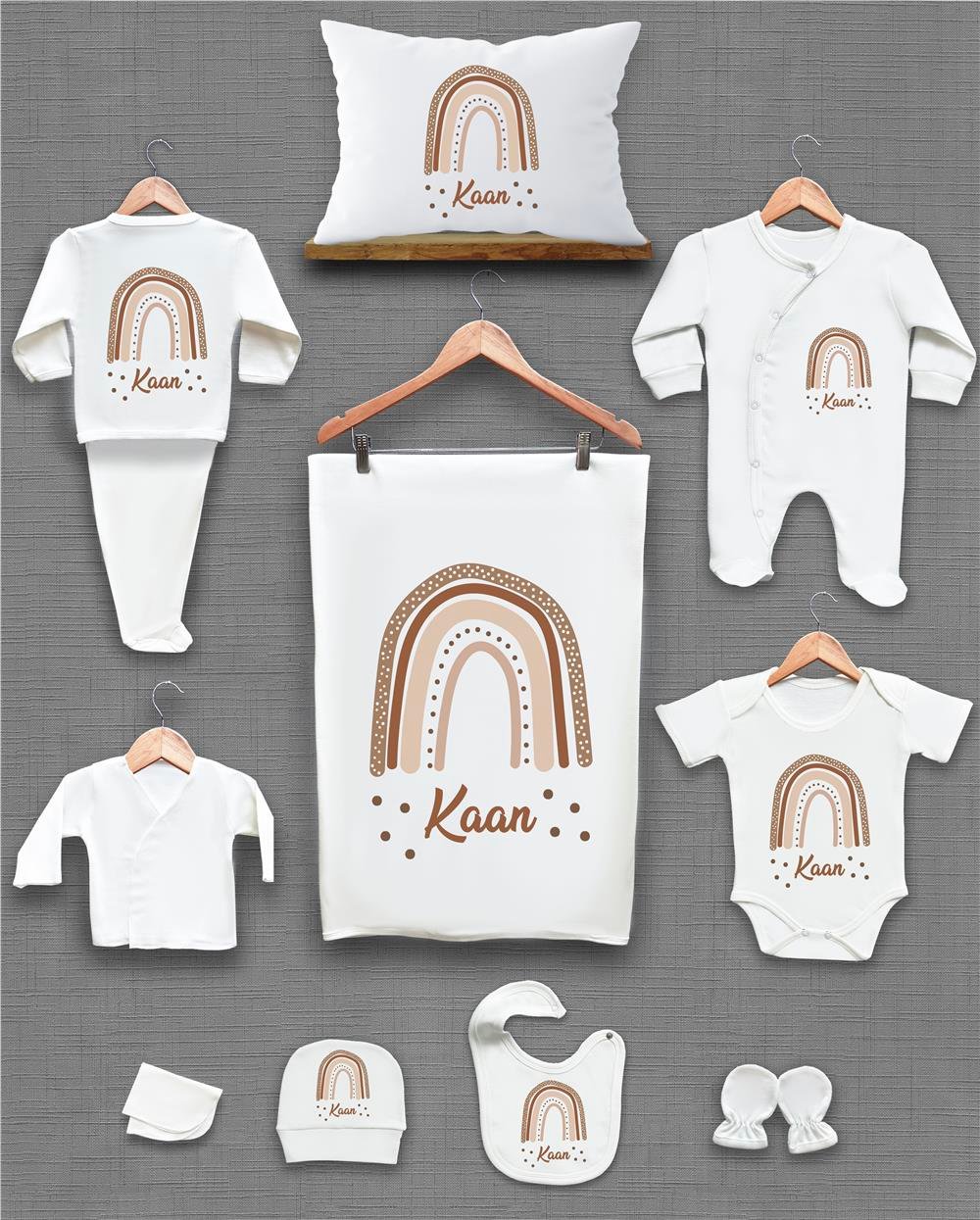 Gökkuşağı Desenli 11'li İsimli Organik Hastane Çıkış Seti