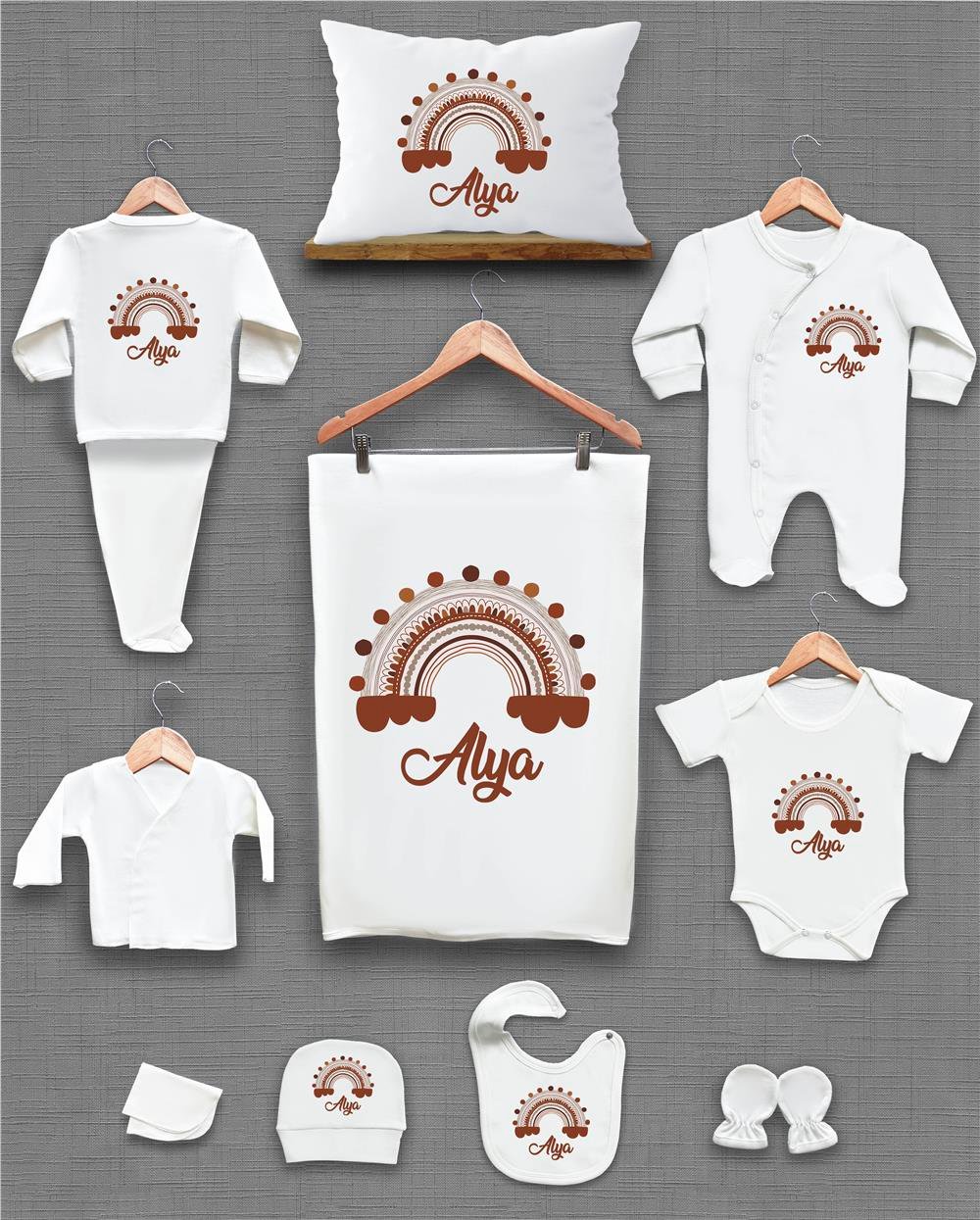 Gökkuşağı Desenli 11'li İsimli Organik Hastane Çıkış Seti