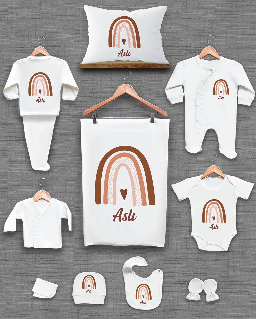 Gökkuşağı Desenli 11'li İsimli Organik Hastane Çıkış Seti