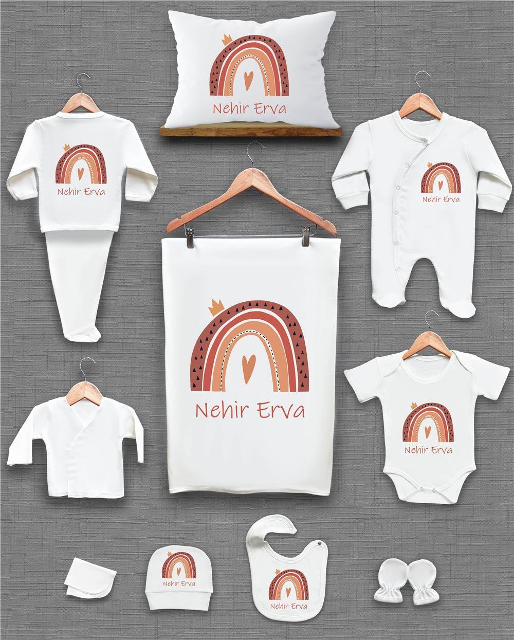 Gökkuşağı Desenli 11'li İsimli Organik Hastane Çıkış Seti